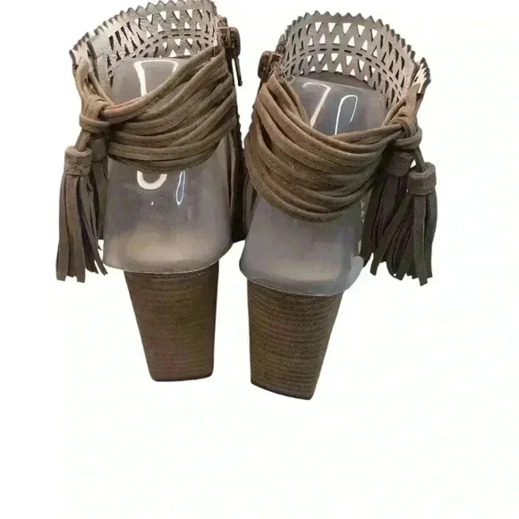 Jeffrey Campbell Womens Sz 8 Light Tan Suede Open Toe Ankle Booties Tassels - Picture 4 of 8